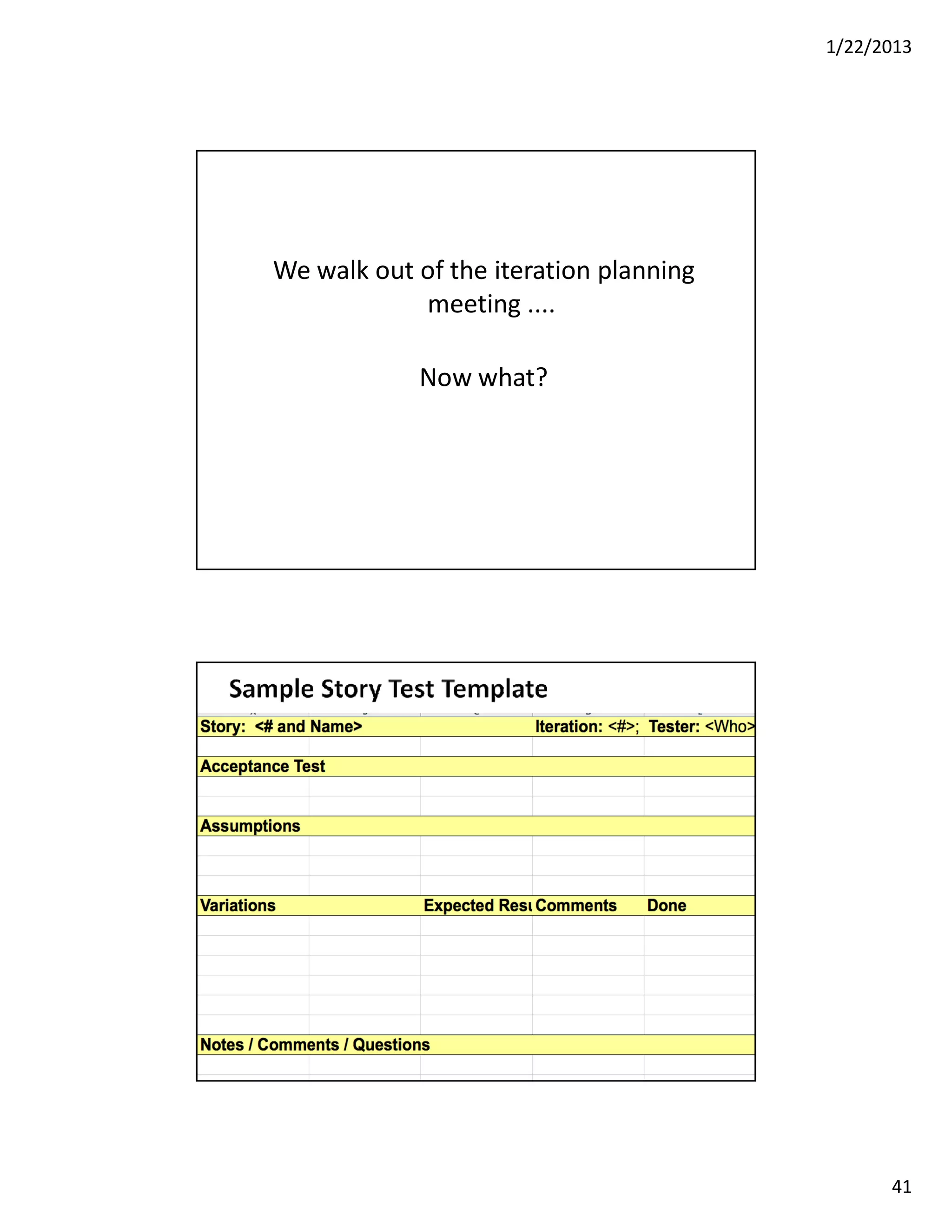 1/22/2013

We walk out of the iteration planning
meeting ....
Now what?

Copyright 2013 DragonFire Inc.

82

41

 