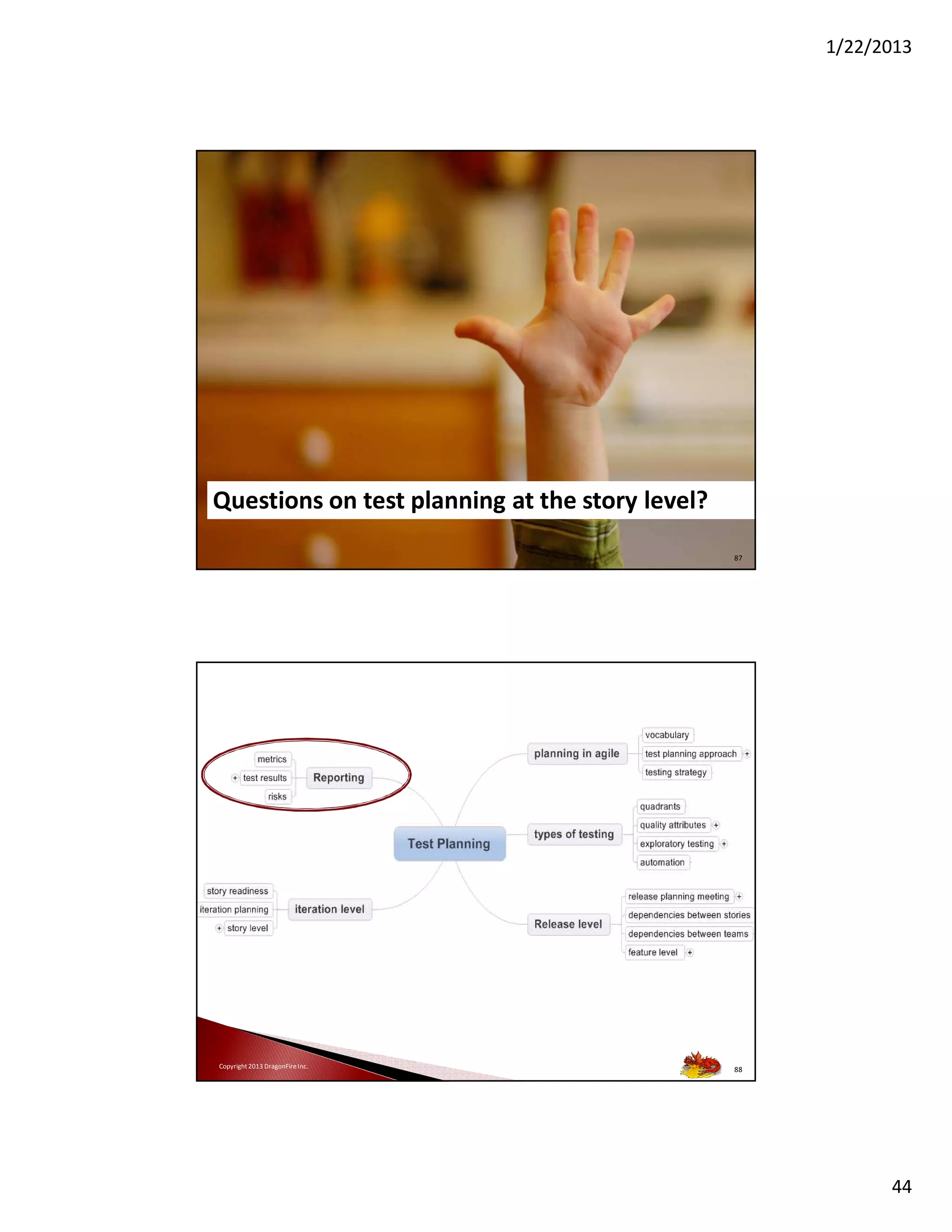 1/22/2013

Instead of saying NO,
or being the gatekeeper
Be the information provider so
business can make the decisions
Questions on test planning at the story level?
Copyright 2013 DragonFire Inc.

87

Copyright 2013 DragonFire Inc.

88

44

 
