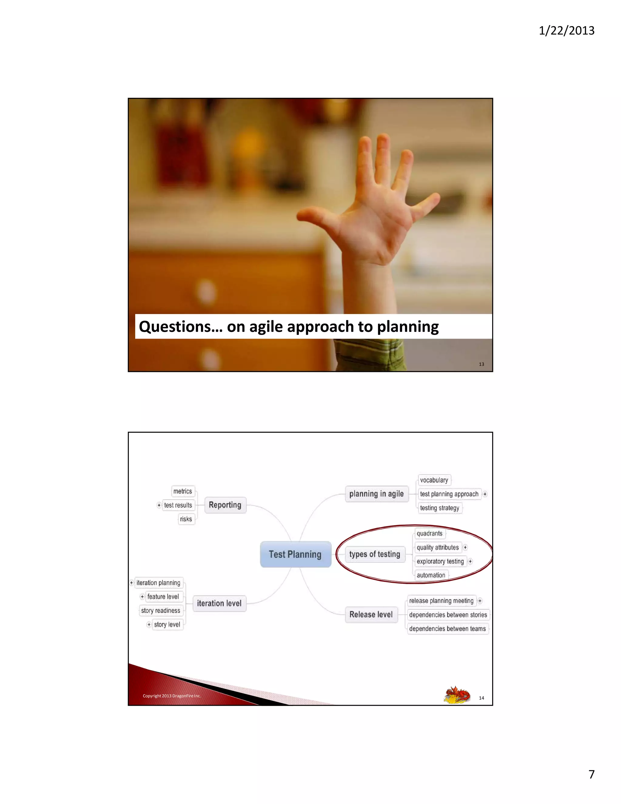 1/22/2013

Instead of saying NO,
or being the gatekeeper
Be the information provider so
business can make the decisions
Questions… on agile approach to planning
Copyright 2013 DragonFire Inc.

13

Copyright 2013 DragonFire Inc.

14

7

 