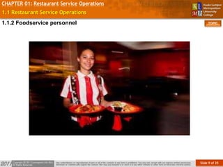Slide 9 of 25
TOPIC
CHAPTER 01: Restaurant Service Operations
1.1 Restaurant Service Operations
1.1.2 Foodservice personnel
 