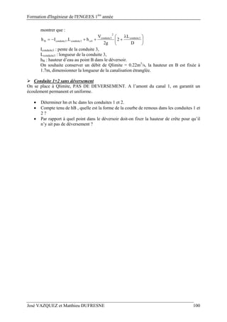 Formation d'Ingénieur de l'ENGEES 1ère
année
José VAZQUEZ et Matthieu DUFRESNE 100
montrer que :





 

D
L
2
g2
V
hL.Ih 3conduite
2
3conduite
4n3conduite3conduiteB
Iconduite3 : pente de la conduite 3,
Lconduite3 : longueur de la conduite 3,
hB : hauteur d’eau au point B dans le déversoir.
On souhaite conserver un débit de Qlimite = 0.22m3
/s, la hauteur en B est fixée à
1.7m, dimensionner la longueur de la canalisation étranglée.
 Conduite 1+2 sans déversement
On se place à Qlimite, PAS DE DEVERSEMENT. A l’amont du canal 1, on garantit un
écoulement permanent et uniforme.
 Déterminer hn et hc dans les conduites 1 et 2.
 Compte tenu de hB , quelle est la forme de la courbe de remous dans les conduites 1 et
2 ?
 Par rapport à quel point dans le déversoir doit-on fixer la hauteur de crête pour qu’il
n’y ait pas de déversement ?
 