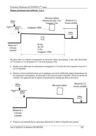 Formation d'Ingénieur de l'ENGEES 1ère
année
José VAZQUEZ et Matthieu DUFRESNE 105
Régime permanent non uniforme : Cas 2
B=4m
Ks=50
I=3‰
Longueur=150m
1
Réservoir 1
à niveau
constant
402m
400m
Réservoir 2 à
niveau variable.
Déversoir latéral
Hauteur de crête 1.2m
Longueur 15m
Longueur=100m
399m
On place dans la conduite rectangulaire un déversoir latéral prismatique, à une crête déversante
(n*=1) mince (c=1), de hauteur w=1.2m et de longueur 15m.
 Quelle est le débit dans la canalisation rectangulaire à l’aval du déversoir quand le réservoir 2
est à l’équilibre?
 Décrire et tracer qualitativement sur le graphique suivant les différentes étapes hydrauliques de
la canalisation rectangulaire, du déversoir et du réservoir jusqu’à équilibre. Placer les points de
contrôle. On supposera que le régime d’écoulement ne change pas dans le déversoir.
Réservoir 1
à niveau
constant
402m
400m
Réservoir 2 à
niveau variable.Déversoir latéral
399m
 Proposer une méthode par le calcul pour déterminer le débit à l’équilibre du système.
 