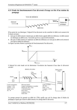 Formation d'Ingénieur de l'ENGEES 1ère
année
José VAZQUEZ et Matthieu DUFRESNE 117
4.11 Etude du fonctionnement d’un déversoir d’orage en tête d’un station de
pompage
Qamont
Qdéversé
Qaval
VUE DE DESSUS
Station de
pompage
D’un point de vue théorique, l’objectif d’un déversoir est de contrôler le débit aval conservé de
la façon suivante :
 tant que le débit amont n’atteint pas un débit limite appelé débit de référence, le débit amont
est identique au débit aval, c’est-à-dire qu’il n’y a pas de déversement,
 dès que le débit amont est supérieur au débit de référence on veut que le débit aval conservé
soit égal au débit de référence.
La figure suivante illustre le principe de fonctionnement d’un déversoir.
Qaval
Qamont
QRéférence
QRéférence
L’objectif de cette étude est de déterminer l’évolution des hauteurs d’eau dans le déversoir
suivant :
Déversoir latéral
Largeur rectangulaire et variable
Hauteur de crête : 0.8m
1 crête déversante
Paroi mince
Longueur 2.75m
Pente nulle
Canal rectangulaire
Largeur : 1.4m
Hauteur : 1.6m
Pente : 0.2%
Ks : 70
Crête
déversante
Amont Aval
A B
PROFIL EN LONG
1 2
3
Canal circulaire
DN 300
Pente : 2.5%
Longueur : 26.8m
Ks : 70
Débit pompé :
170l/s
Bâche de
pompage
La pompe permet de garantir un débit de 170l/s quelle que soit la charge dans la bâche de
pompage et quels que soient le débit amont et la charge dans le déversoir.
 