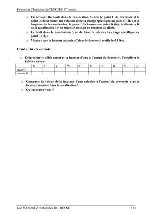Formation d'Ingénieur de l'ENGEES 1ère
année
José VAZQUEZ et Matthieu DUFRESNE 133
o En écrivant Bernoulli dans la canalisation 3 entre le point C du déversoir et le
point D, déterminer une relation entre la charge spécifique au point C (HC) et la
longueur de la canalisation, la pente I, la hauteur au point D (hD), le diamètre D
de la canalisation 3 et sa rugosité ainsi qu’en fonction du débit.
o Le débit dans la canalisation 3 est de 0.6m3
/s, calculer la charge spécifique au
point C (HC).
o Montrer que la hauteur au point C dans le déversoir vérifie h=1.116m.
Etude du déversoir
o Déterminer le débit amont et la hauteur d’eau à l’amont du déversoir. Compléter le
tableau suivant :
h H y W X b x B V Q
Aval C
Amont B
o Comparer la valeur de la hauteur d’eau calculée à l’amont du déversoir avec la
hauteur normale dans la canalisation 2.
o Qu’en pensez-vous ?
 