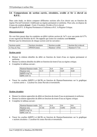 TD hydraulique à surface libre
José VAZQUEZ et Matthieu DUFRESNE 17
2.6 Comparaisons de section carrée, circulaire, ovoïde et fer à cheval en
R.P.U.
Dans cette étude, on désire comparer différentes sections afin d’en choisir une en fonction du
régime Fluvial/Torrentiel s’établissant au régime permanent et uniforme. Pour cela, on dispose de
4 types de conduite fermée : Carré, Circulaire, Ovoïde et Fer à cheval.
On appelle R.P.U. le Régime Permanent et Uniforme et R.C. le Régime Critique.
Dimensionnement
On veut faire passer dans les conduites un débit à pleine section de 1m3
/s avec une pente de 0.7%
et une rugosité de Strickler de 65. On rappelle que toutes les conduites sont fermées.
Montrer que les dimensions de chaque section sont les suivantes :
Section carrée Section circulaire Section ovoïde Section fer à cheval
0.75m0.75m DN820 (mm) Hauteur 1,03m Hauteur 0.71m
Section carrée
 Donner la relation détaillée du débit en fonction du tirant d’eau en régime permanent et
uniforme.
 Donner la relation détaillée du débit en fonction du tirant d’eau au régime critique.
 Compléter le tableau suivant :
Hauteur/hauteur totale 0.2 0.4 0.6 0.8
Hauteur (m) 0.15 0.30 0.45 0.60
Q(RPU) (m3
/s)
Q(RC) (m3
/s)
 Tracer les courbes Q(RPU) et Q(CR) en fonction de Hauteur/hauteurmax sur le graphique
« section carrée ». Localiser les zones fluviale et torrentielle.
Section circulaire
 Donner la relation approchée du débit en fonction du tirant d’eau en permanent et uniforme.
 Donner la relation approchée du débit en fonction du tirant d’eau au régime critique.
 Compléter le tableau suivant :
Hauteur/hauteur totale 0.2 0.4 0.6 0.8
Hauteur (m) 0.164 0.328 0.492 0.656
Q(RPU) (m3
/s)
Q(RC) (m3
/s)
 Tracer les courbes Q(RPU) et Q(CR) en fonction de Hauteur/hauteurmax sur le graphique
« section circulaire ». Localiser les zones fluviale et torrentielle.
 