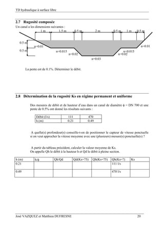TD hydraulique à surface libre
José VAZQUEZ et Matthieu DUFRESNE 20
2.7 Rugosité composée
Un canal a les dimensions suivantes :
n=0.01 n=0.01
n=0.015 n=0.015
n=0.02 n=0.02
n=0.03
1 m 0.5 m0.5 m
0.5 m
0.5 m
0.5 m1 m1.5 m 2 m
La pente est de 0.1%. Déterminer le débit.
2.8 Détermination de la rugosité Ks en régime permanent et uniforme
Des mesures de débit et de hauteur d’eau dans un canal de diamètre  = DN 700 et une
pente de 0.5% ont donné les résultats suivants :
Débit (l/s) 111 470
h (m) 0.21 0.49
A quelle(s) profondeur(s) conseille-t-on de positionner le capteur de vitesse ponctuelle
si on veut approcher la vitesse moyenne avec une (plusieurs) mesure(s) ponctuelle(s) ?
A partir du tableau précédent, calculer la valeur moyenne de Ks.
On appelle Qh le débit à la hauteur h et Qd le débit à pleine section.
h (m) h/ Qh/Qd Qd(Ks=75) Qh(Ks=75) Qh(Ks=?) Ks
0.21 111 l/s
0.49 470 l/s
 