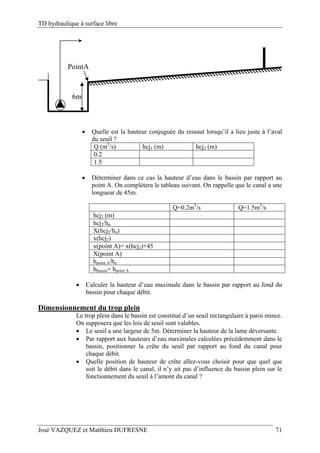 TD hydraulique à surface libre
José VAZQUEZ et Matthieu DUFRESNE 71
6m
PointA
 Quelle est la hauteur conjuguée du ressaut lorsqu’il a lieu juste à l’aval
du seuil ?
Q (m3
/s) hcj1 (m) hcj2 (m)
0.2
1.5
 Déterminer dans ce cas la hauteur d’eau dans le bassin par rapport au
point A. On complétera le tableau suivant. On rappelle que le canal a une
longueur de 45m.
Q=0.2m3
/s Q=1.5m3
/s
hcj2 (m)
hcj2/hn
X(hcj2/hn)
x(hcj2)
x(point A)= x(hcj2)+45
X(point A)
hpoint A/hn
hbassin= hpoint A
 Calculer la hauteur d’eau maximale dans le bassin par rapport au fond du
bassin pour chaque débit.
Dimensionnement du trop plein
Le trop plein dans le bassin est constitué d’un seuil rectangulaire à paroi mince.
On supposera que les lois de seuil sont valables.
 Le seuil a une largeur de 5m. Déterminer la hauteur de la lame déversante.
 Par rapport aux hauteurs d’eau maximales calculées précédemment dans le
bassin, positionner la crête du seuil par rapport au fond du canal pour
chaque débit.
 Quelle position de hauteur de crête allez-vous choisir pour que quel que
soit le débit dans le canal, il n’y ait pas d’influence du bassin plein sur le
fonctionnement du seuil à l’amont du canal ?
 