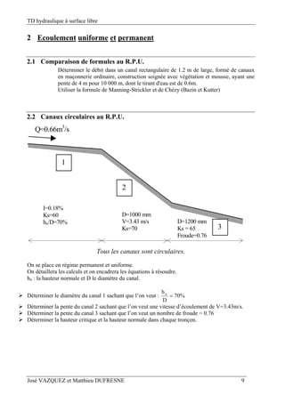 TD hydraulique à surface libre
José VAZQUEZ et Matthieu DUFRESNE 9
2 Ecoulement uniforme et permanent
2.1 Comparaison de formules au R.P.U.
Déterminer le débit dans un canal rectangulaire de 1.2 m de large, formé de canaux
en maçonnerie ordinaire, construction soignée avec végétation et mousse, ayant une
pente de 4 m pour 10 000 m, dont le tirant d'eau est de 0.6m.
Utiliser la formule de Manning-Strickler et de Chézy (Bazin et Kutter)
2.2 Canaux circulaires au R.P.U.
I=0.18%
Ks=60
hn/D=70%
D=1000 mm
V=3.43 m/s
Ks=70
D=1200 mm
Ks = 65
Froude=0.76
Q=0.66m3
/s
1
3
2
Tous les canaux sont circulaires.
On se place en régime permanent et uniforme.
On détaillera les calculs et on encadrera les équations à résoudre.
hn : la hauteur normale et D le diamètre du canal.
 Déterminer le diamètre du canal 1 sachant que l’on veut : %70
D
hn

 Déterminer la pente du canal 2 sachant que l’on veut une vitesse d’écoulement de V=3.43m/s.
 Déterminer la pente du canal 3 sachant que l’on veut un nombre de froude = 0.76
 Déterminer la hauteur critique et la hauteur normale dans chaque tronçon.
 