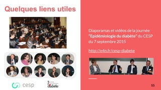 Quelques liens utiles
Diaporamas et vidéos de la journée
“Epidémiologie du diabète” du CESP
du 7 septembre 2015
http://e4n.fr/cesp-diabete
55
 