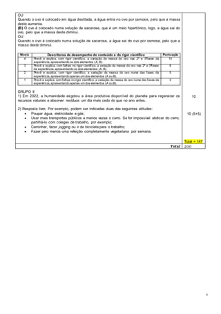8
OU
Quando o ovo é colocado em água destilada, a água entra no ovo por osmose, pelo que a massa
deste aumenta.
(B) O ovo é colocado numa solução de sacarose, que é um meio hipertónico, logo, a água sai do
ovo, pelo que a massa deste diminui.
OU
Quando o ovo é colocado numa solução de sacarose, a água sai do ovo por osmose, pelo que a
massa deste diminui.
GRUPO II
1) Em 2022, a humanidade esgotou a área produtiva disponível do planeta para regenerar os
recursos naturais e absorver resíduos um dia mais cedo do que no ano antes.
2) Resposta livre; Por exemplo, podem ser indicadas duas das seguintes atitudes:
 Poupar água, eletricidade e gás;
 Usar mais transportes públicos e menos vezes o carro. Se for impossível abdicar do carro,
partilhá-lo com colegas de trabalho, por exemplo;
 Caminhar, fazer jogging ou ir de bicicleta para o trabalho;
 Fazer pelo menos uma refeição completamente vegetariana por semana.
Níveis Descritores de desempenho do conteúdo e do rigor científico Pontuação
4 Prevê e explica, com rigor científico, a variação da massa do ovo nas 2ª e 3ªfases da
experiência, apresentando os dois elementos (A, B).
10
3 Prevê e explica, com falhas no rigor científico, a variação da massa do ovo nas 2ª e 3ªfases
da experiência, apresentando os dois elementos (A, B).
8
2 Prevê e explica, com rigor científico, a variação da massa do ovo numa das fases da
experiência, apresentando apenas um dos elementos (A ou B).
5
1 Prevê e explica, com falhas no rigor científico, a variação da massa do ovo numa das fases da
experiência, apresentando apenas um dos elementos (A ou B).
3
10
10 (5+5)
Total = 147
Total 200
 