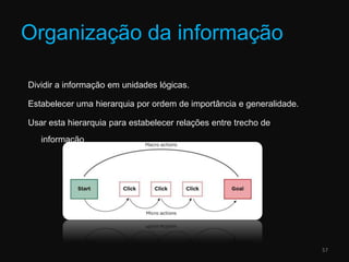 Organização da informação57Dividir a informação em unidades lógicas. Estabelecer uma hierarquia por ordem de importância e generalidade. Usar esta hierarquia para estabelecer relações entre trecho de informação