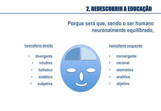 •  divergente
•  intuitivo
•  holístico
•  sintético
•  subjetivo
hemisfério direito
•  convergente
•  racional
•  atomístico
•  analítico
•  objetivo
hemisfério esquerdo
Porque será que, sendo o ser humano
neuronalmente equilibrado,
2. REDESCOBRIR A EDUCAÇÃO
 