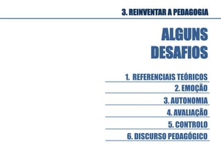 3. REINVENTAR A PEDAGOGIA
ALGUNS
DESAFIOS
3. AUTONOMIA
5. CONTROLO

4. AVALIAÇÃO
2. EMOÇÃO
1. REFERENCIAIS TEÓRICOS
6. DISCURSO PEDAGÓGICO
 