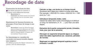 +
Recodage de date
Conversion de formats de date
■Les dates peuvent se trouver à
l’origine sous différents formats
• Harmoniser le
• Convertir des dates issues d’un format
texte (string) vers un véritable objet
date.
Ajustement de fuseaux horaires ou
passages d’une base de temps à une
autre
• Normaliser toutes les dates/horaires
dans un fuseau de référence (ex. UTC).
• Conserver l’information sur le fuseau
dans un champ séparé, si besoin de
reconstituer l’heure locale.
Le timestamp ou «nombre de
secondes (ou jours) écoulés depuis
une origine»
On définit un point de départ (souvent 1er
janvier 1970 en informatique.
Calculer un âge, une durée ou un temps écoulé
Soustraire deux dates pour obtenir la durée entre elles.
Par exemple, « 2023-02-14 » moins « 2022-02-14 » = 365
jours (ou 1 an).
Indicateurs temporels (index, rank)
Classer les dates dans l’ordre chronologique et attribuer
un rang (1er événement, 2 , 3 , …) pour fixer une série
ᵉ ᵉ
étapes.
Extraction de la partie composante (année, trimestre,
mois, jour, jour de la semaine)
Découper en segments temporels égaux ou inégaux
selon des dates signiicatives (ex. vacances, périodes
de l’année)
Regrouper en aggrégat temporel supérieur (mois >
trimestre > année.
 