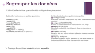 +Regrouper les données
1. Identifier la variable qualitative hiérarchique de regroupement
2a.Identifier les fonctions de synthèse quantitative
•count() (COUNT)
•sum() (SUM)
•mean() (AVERAGE)
•median() (MEDIAN)
•min() (MIN)
•max() (MAX)
•std() (STDEV ou STDEV.S)
•quantile() (PERCENTILE ou QUARTILE)
2c. Identifier les fonctions qualitative de synthèse
■count() (COUNTA)
Compte le nombre d’observations non vides dans un ensemble d
données.
■nunique() (COUNTUNIQUE)
Calcule le nombre de valeurs distinctes dans une plage.
■mode() (MODE.SNGL)
Identifie la modalité la plus fréquente dans un ensemble de
données.
■unique() (UNIQUE)
Extrait la liste des valeurs uniques présentes dans une plage de
données.
■textjoin() (TEXTJOIN)
Concatène plusieurs valeurs textuelles en une seule chaîne, en
insérant un délimiteur choisi (par exemple, une virgule.
> Concept de variables appariés et non appariés
 