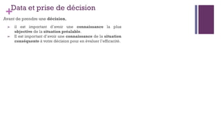 +Data et prise de décision
Avant de prendre une décision,
➢ il est important d’avoir une connaissance la plus
objective de la situation préalable.
➢ Il est important d’avoir une connaissance de la situation
conséquente à votre décision pour en évaluer l’efficacité.
 