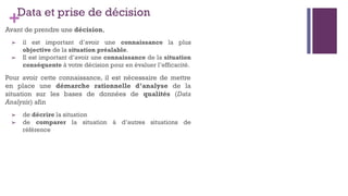 +Data et prise de décision
Avant de prendre une décision,
➢ il est important d’avoir une connaissance la plus
objective de la situation préalable.
➢ Il est important d’avoir une connaissance de la situation
conséquente à votre décision pour en évaluer l’efficacité.
Pour avoir cette connaissance, il est nécessaire de mettre
en place une démarche rationnelle d’analyse de la
situation sur les bases de données de qualités (Data
Analysis) afin
➢ de décrire la situation
➢ de comparer la situation à d’autres situations de
référence
 