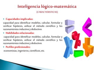  Capacidadesimplicadas:
capacidad para identificar modelos, calcular, formular y
verificar hipótesis, utilizar el método científico y los
razonamientosinductivoydeductivo.
 Habilidadesrelacionadas:
capacidad para identificar modelos, calcular, formular y
verificar hipótesis, utilizar el método científico y los
razonamientosinductivoydeductivo.
 Perfilesprofesionales:
economistas,ingenieros,científicos,etc.
 