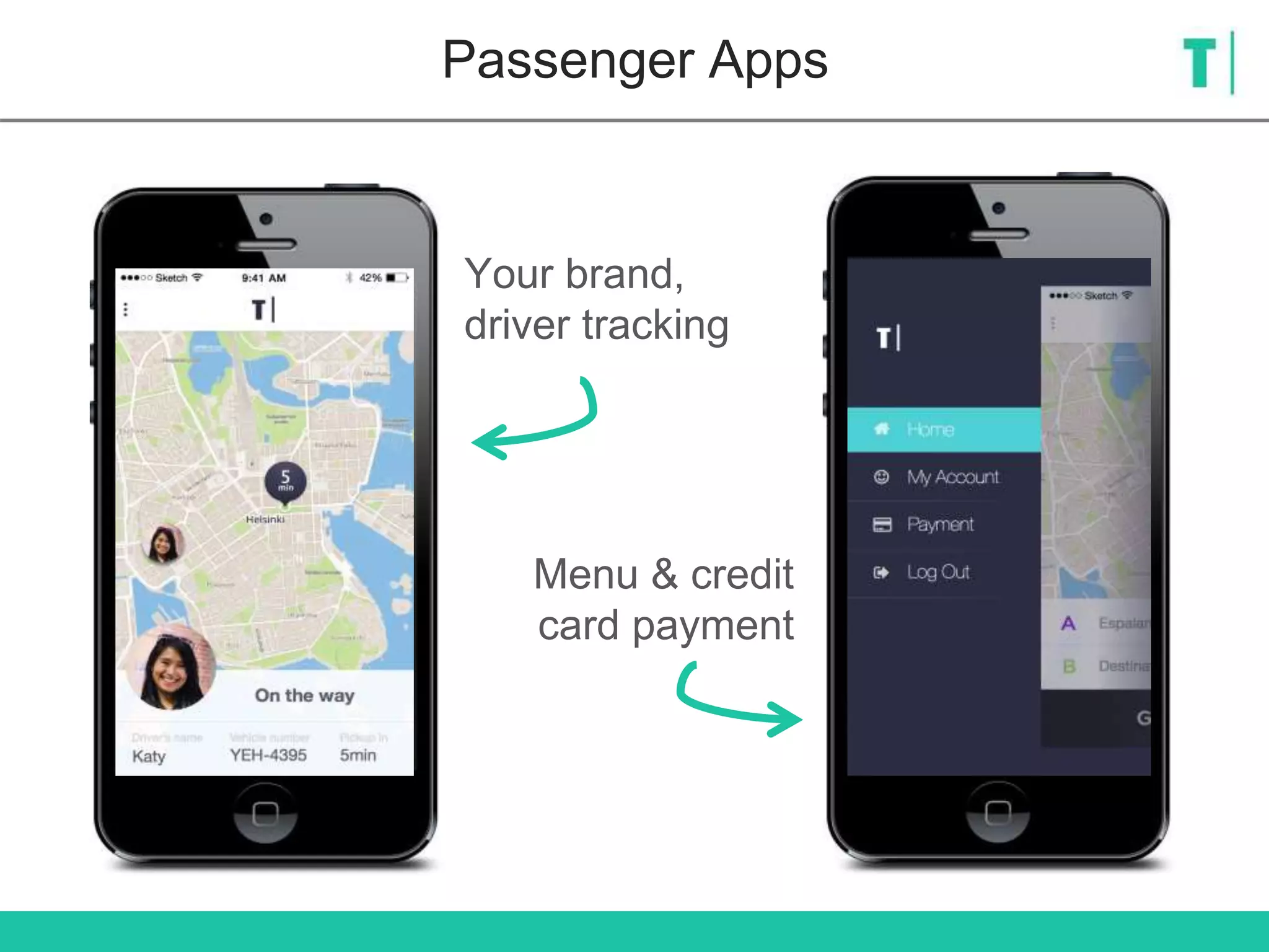 Passenger Apps
Your brand,
driver tracking
Menu & credit
card payment
 
