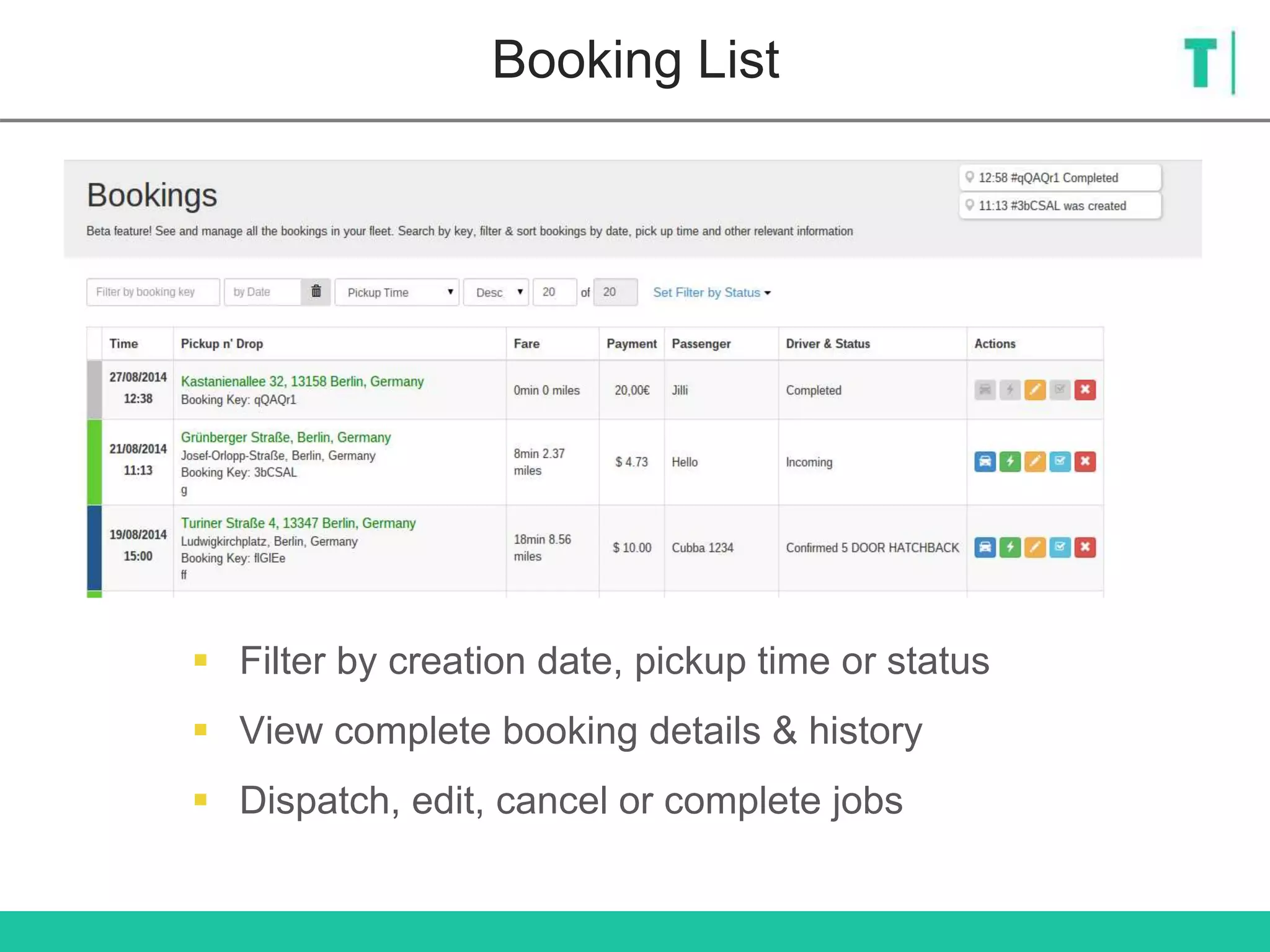 Booking List
 Filter by creation date, pickup time or status
 View complete booking details & history
 Dispatch, edit, cancel or complete jobs
 