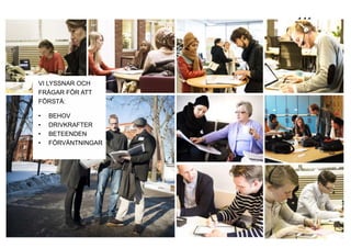 © Transformator Design 2016
141
VI LYSSNAR OCH
FRÅGAR FÖR ATT
FÖRSTÅ:
• BEHOV
• DRIVKRAFTER
• BETEENDEN
• FÖRVÄNTNINGAR
 