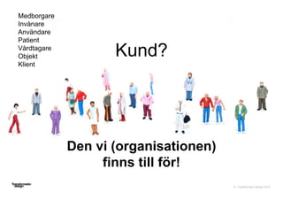 © Transformator Design 2016
Medborgare
Invånare
Användare
Patient
Vårdtagare
Objekt
Klient
Den vi (organisationen)
finns till för!
Kund?
 