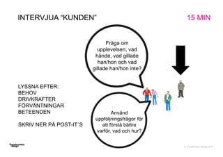 © Transformator Design 2016
INTERVJUA “KUNDEN”
LYSSNA EFTER:
BEHOV
DRIVKRAFTER
FÖRVÄNTNINGAR
BETEENDEN
SKRIV NER PÅ POST-IT´S
Fråga om
upplevelsen, vad
hände, vad gillade
han/hon och vad
gillade han/hon inte?
Använd
uppföljningsfrågor för
att förstå bättre
varför, vad och hur?
15 MIN
 