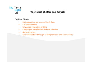 Technical challenges (WG2)


Derived Threats
   •   Not respecting co-ownership of data
   •   Location threats
   •   Unwanted retention of data
   •   Copying of Information without consent
   •   Authentication
   •   User interaction through a compromised end-user device
 