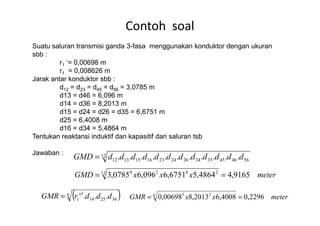 Contoh soal
Suatu saluran transmisi ganda 3-fasa menggunakan konduktor dengan ukuran
sbb :
r1 ‘= 0,00698 m
r1 = 0,008626 m
Jarak antar konduktor sbb :
d12 = d23 = d45 = d56 = 3,0785 m
d13 = d46 = 6,096 m
d14 = d36 = 8,2013 m
d15 = d24 = d26 = d35 = 6,6751 md15 = d24 = d26 = d35 = 6,6751 m
d25 = 6,4008 m
d16 = d34 = 5,4864 m
Tentukan reaktansi induktif dan kapasitif dari saluran tsb
Jawaban : 12
564645353426242316151312 ........... ddddddddddddGMD =
meterxxxGMD 9165,44864,56751,6096,60785,312 2424
==
( )6
362514
3
1 ...' dddrGMR = meterxxGMR 2296,04008,62013,800698,06 23
==
 