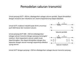 Untuk panjang SUTT < 80 km, dikategorikan sebagai saluran pendek. Dapat dimodelkan
dengan resistansi dan induktansi seri, karena kapasitansinya dapat diabaikan.
Untuk SUTT, reaktansi induktif pada 50 Hz umumnya
jauh lebih besar dari resistansi saluran.
Pemodelan saluran transmisi
Untuk panjang SUTT (80 – 250 km) dikategorikan
sebagai saluran transmisi dengan panjang menengah/
medium. Disini kapasitansi saluran sudah mulai
diperhitungkan. Dan dapat dimodelkan dengan dua
kapasitor dengan ukuran masing2 separohnya dikedua
ujung saluran.
Untuk SUTT dengan panjang > 250 km dikategorikan sebagai slauran transmisi panjang.
Saluran pendek
Saluran medium
 