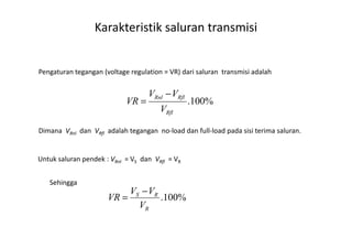 Pengaturan tegangan (voltage regulation = VR) dari saluran transmisi adalah
%100.
Rfl
RflRnl
V
VV
VR
−
=
Karakteristik saluran transmisi
Dimana VRnl dan VRfl adalah tegangan no-load dan full-load pada sisi terima saluran.
Untuk saluran pendek : VRnl = VS dan VRfl = VR
Sehingga
%100.
R
RS
V
VV
VR
−
=
 