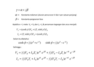 βαγ j+=
=α Konstanta redaman (ukuran penurunan V dan I per satuan panjang)
=β Konstanta pergeseran fasa
RcRS IlZVlV )sinh()(cosh γγ +=
Apabila x = l, maka Vx = VS dan Ix = IS & persamaan tegangan dan arus menjadi:
IlVlYI )(cosh)sinh( γγ += RRcS IlVlYI )(cosh)sinh( γγ +=
Selain itu diketahui
)(sinh)(cosh 2
1
2
1 llll
eeleel γγγγ
γγ −−
−=+=
ljl
cRR
ljl
cRRS eeZIVeeZIVV βαβα −−
−++= )()( 2
1
2
1
ljl
RcR
ljl
RcRS eeIYVeeIYVI βαβα −−
−−+= )()( 2
1
2
1
Sehingga :
 