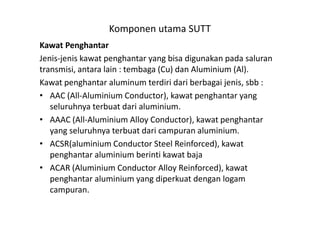 Kawat Penghantar
Jenis-jenis kawat penghantar yang bisa digunakan pada saluran
transmisi, antara lain : tembaga (Cu) dan Aluminium (Al).
Kawat penghantar aluminum terdiri dari berbagai jenis, sbb :
• AAC (All-Aluminium Conductor), kawat penghantar yang
seluruhnya terbuat dari aluminium.
Komponen utama SUTT
• AAAC (All-Aluminium Alloy Conductor), kawat penghantar
yang seluruhnya terbuat dari campuran aluminium.
• ACSR(aluminium Conductor Steel Reinforced), kawat
penghantar aluminium berinti kawat baja
• ACAR (Aluminium Conductor Alloy Reinforced), kawat
penghantar aluminium yang diperkuat dengan logam
campuran.
 