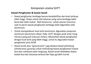 Kawat Penghantar & kawat tanah
• Kawat penghantar tembaga karena konduktifitas dan kuat tariknya
lebih tinggi. Tetapi untuk nilai tahanan yang sama tembaga lebih
berat dan lebih mahal. Oleh karena itu untuk saluran transmisi
saat ini peran kawat penghantar tembaga telah digantikan oleh
aluminium.
• Untuk memperbesar kuat tarik aluminium, digunakan campuran
Komponen utama SUTT
• Untuk memperbesar kuat tarik aluminium, digunakan campuran
aluminum (aluminium alloy). Pada SUTT dengan jarak antar tiang
menara yang jauh (ratusan meter), dibutuhkan kawat penghantar
dengan kuat tarik yang lebih tinggi, untuk itu digunakan kawat
penghantar jenis ACSR
• Kawat tanah atau “ground wire” juga disebut kawat pelindung
(shield wire), gunanya untuk melindungi kawat penghantar/ kawat
fasa dari sambaran petir langsung. Kawat tanah diletakkan diatas
kawat fasa dan biasanya terbuat dari baja yg lebih murah.
 
