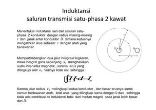 Induktansi
saluran transmisi satu-phasa 2 kawat
Menentukan induktansi seri dari saluran satu-
phasa 2 konduktor dengan radius masing-masing
r dan jarak antar konduktor D dimana keduanya
mengalirkan arus sebesar I dengan arah yang
berlawanan.
Mempertimbangkan dua jalur integrasi lingkaran,
maka integral garis sepanjang x1 menghasilkan
suatu intensitas magnetik , karena arus yang
dilingkupi oleh x1. nilainya tidak nol, sehingga :
Karena jalur radius x2 melingkupi kedua konduktor , dan besar arusnya sama
namun berlawanan arah, total arus yang dilingkupi sama dengan 0 dan , sehingga
tidak ada kontribusi ke induktansi total dari medan magnit pada jarak lebih besar
dari D.
 