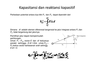 Perbedaan potential antara dua titik P1 dan P2 dapat diperoleh dari
Dimana dl adalah elemen diferensial tangensial ke jalur integrasi antara P1 dan
P2. tidak tergantung dari jalurnya.
Kapasitansi dan reaktansi kapasitif
P2. tidak tergantung dari jalurnya.
Pemilihan jalur dapat mempermudah
perhitungan.
Untuk P1 - Pint, vector E dan dl keduanya
paralel; sehingga , E⋅dl = Edx. untuk Pint –
P2 kedua vector berlawanan arah sehingg
E⋅dl = 0.
 