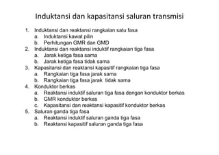 Induktansi dan kapasitansi saluran transmisi
1. Induktansi dan reaktansi rangkaian satu fasa
a. Induktansi kawat pilin
b. Perhitungan GMR dan GMD
2. Induktansi dan reaktansi induktif rangkaian tiga fasa
a. Jarak ketiga fasa sama
b. Jarak ketiga fasa tidak sama
3. Kapasitansi dan reaktansi kapasitif rangkaian tiga fasa
a. Rangkaian tiga fasa jarak sama
b. Rangkaian tiga fasa jarak tidak samab. Rangkaian tiga fasa jarak tidak sama
4. Konduktor berkas
a. Reaktansi induktif saluran tiga fasa dengan konduktor berkas
b. GMR konduktor berkas
c. Kapasitansi dan reaktansi kapasitif konduktor berkas
5. Saluran ganda tiga fasa
a. Reaktansi induktif saluran ganda tiga fasa
b. Reaktansi kapasitif saluran ganda tiga fasa
 