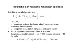Induktansi dan reaktansi rangkaian satu fasa
Induktansi rangkaian satu fasa
L = La + Ld
• La : komponen pertama dan kedua adalah komponen kawat,
tergantung dari sifat kawat
Henrid
r
h
i
L 





++== −
12
1
7
ln
4
11
ln10.2
λ
tergantung dari sifat kawat
• Ld : komponen ketiga adalah komponen jarak-jarak kawat
• bila : ln digantikan dengan log, ln = 2,3026 log
dan panjang kawat (h) adalah 1 km = 1000 m, serta frekuensi f = 50
Hz, maka :
kmHenrid
r
L /log10857,0
1
log10.4605,0 12
1
3






++= −
 