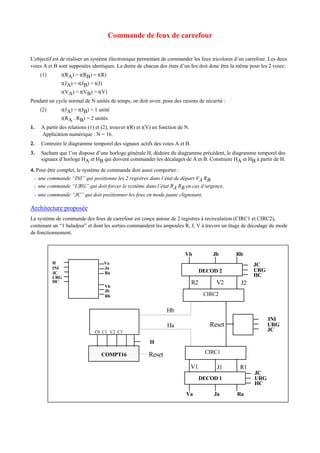 Commande de feux de carrefour
L'objectif est de réaliser un système électronique permettant de commander les feux tricolores d’un carrefour. Les deux
voies A et B sont supposées identiques. La durée de chacun des états d’un feu doit donc être la même pour les 2 voies:
(1) t(RA) = t(RB) = t(R)
t(JA) = t(JB) = t(J)
t(VA) = t(VB) = t(V)
Pendant un cycle normal de N unités de temps, on doit avoir, pour des raisons de sécurité :
(2) t(JA) = t(JB) = 1 unité
t(RA . RB) = 2 unités
1. A partir des relations (1) et (2), trouver t(R) et t(V) en fonction de N.
Application numérique : N = 16.
2. Contruire le diagramme temporel des signaux actifs des voies A et B.
3. Sachant que l’on dispose d’une horloge générale H, déduire du diagramme précédent, le diagramme temporel des
signaux d’horloge HA et HB qui doivent commander les décalages de A et B. Construire HA et HB à partir de H.
4. Pour être complet, le système de commande doit aussi comporter :
- une commande “INI” qui positionne les 2 registres dans l’état de départ VA RB,
- une commande “URG” qui doit forcer le système dans l’état RA RB en cas d’urgence,
- une commande “JC” qui doit positionner les feux en mode jaune clignotant,
Architecture proposée
Le système de commande des feux de carrefour est conçu autour de 2 registres à recirculation (CIRC1 et CIRC2),
contenant un “1 baladeur” et dont les sorties commandent les ampoules R, J, V à travers un étage de décodage du mode
de fonctionnement.
COMPT16
DECOD 2
DECOD 1
H
Va Ja Ra
Vb Jb Rb
INI
URG
JC
ResetHa
Hb
V1 J1 R1
V2 J2R2
Reset
JC
URG
HC
JC
URG
HC
C0 C1 C2 C3
JC
URG
HC
H
INI
Va
Ja
Ra
Vb
Jb
Rb
CIRC1
CIRC2
 