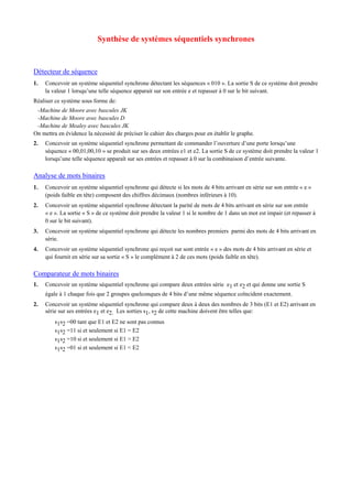 Synthèse de systèmes séquentiels synchrones
Détecteur de séquence
1. Concevoir un système séquentiel synchrone détectant les séquences « 010 ». La sortie S de ce système doit prendre
la valeur 1 lorsqu’une telle séquence apparait sur son entrée e et repasser à 0 sur le bit suivant.
Réaliser ce système sous forme de:
-Machine de Moore avec bascules JK
-Machine de Moore avec bascules D
-Machine de Mealey avec bascules JK
On mettra en évidence la nécessité de préciser le cahier des charges pour en établir le graphe.
2. Concevoir un système séquentiel synchrone permettant de commander l’ouverture d’une porte lorsqu’une
séquence « 00,01,00,10 » se produit sur ses deux entrées e1 et e2. La sortie S de ce système doit prendre la valeur 1
lorsqu’une telle séquence apparaît sur ses entrées et repasser à 0 sur la combinaison d’entrée suivante.
Analyse de mots binaires
1. Concevoir un système séquentiel synchrone qui détecte si les mots de 4 bits arrivant en série sur son entrée « e »
(poids faible en tête) composent des chiffres décimaux (nombres inférieurs à 10).
2. Concevoir un système séquentiel synchrone détectant la parité de mots de 4 bits arrivant en série sur son entrée
« e ». La sortie « S » de ce système doit prendre la valeur 1 si le nombre de 1 dans un mot est impair (et repasser à
0 sur le bit suivant).
3. Concevoir un système séquentiel synchrone qui détecte les nombres premiers parmi des mots de 4 bits arrivant en
série.
4. Concevoir un système séquentiel synchrone qui reçoit sur sont entrée « e » des mots de 4 bits arrivant en série et
qui fournit en série sur sa sortie « S » le complément à 2 de ces mots (poids faible en tête).
Comparateur de mots binaires
1. Concevoir un système séquentiel synchrone qui compare deux entrées série e1 et e2 et qui donne une sortie S
égale à 1 chaque fois que 2 groupes quelconques de 4 bits d’une même séquence coïncident exactement.
2. Concevoir un système séquentiel synchrone qui compare deux à deux des nombres de 3 bits (E1 et E2) arrivant en
série sur ses entrées e1 et e2. Les sorties s1, s2 de cette machine doivent être telles que:
s1s2 =00 tant que E1 et E2 ne sont pas connus
s1s2 =11 si et seulement si E1 = E2
s1s2 =10 si et seulement si E1 > E2
s1s2 =01 si et seulement si E1 < E2
 