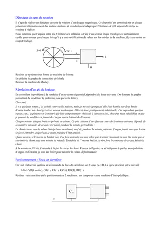 Détecteur de sens de rotation
Il s’agit de réaliser un détecteur de sens de rotation d’un disque magnétique. Ce dispositif est constitué par un disque
présentant alternativement des secteurs isolants et conducteurs balayés par 2 frotteurs A et B servant d’entrées au
système à réaliser.
Nous noterons que l’espace entre les 2 frotteurs est inférieur à l’arc d’un secteur et que l’horloge est suffisamment
rapide pour assurer que chaque fois qu’il y a une modification de valeur sur les entrées de la machine, il y a au moins un
coup d’horloge.
> S
<
<
A
B
S=0 S=1
H
Réaliser ce système sous forme de machine de Moore.
En déduire le graphe de la machine de Mealy
Réaliser la machine de Mealey.
Résolution d’un pb de logique
En assimilant le problème à la synthèse d’un système séquentiel, répondre à la lettre suivante (On donnera le graphe
permettant de modéliser le problème posé par cette lettre).
Cher ami,
Il y a quelques temps, j’ai acheté cette vieille maison, mais je me suis aperçu qu’elle était hantée par deux bruits
d’outre tombe; un chant grivois et un rire sardonique. Elle est donc pratiquement inhabitable. J’ai cependant quelque
espoir, car, l’expérience m’a montré que leur comportement obéissait à certaines lois, obscures mais infaillibles et que
je pouvais le modifier en jouant de l’orgue ou en brûlant de l’encens.
Chaque minute, chaque bruit est présent ou absent. Ce que chacun d’eux fera au cours de la minute suivante dépend, de
la manière suivante, de ce qui s’est passé pendant la minute précédente :
Le chant conservera le même état (présent ou absent) sauf si, pendant la minute présente, l’orgue jouait sans que le rire
se fasse entendre, auquel cas le chant prendra l’état opposé.
Quant au rire, si l’encens ne brûlait pas, il se fera entendre ou non selon que le chant résonnait ou non (de sorte que le
rire imite le chant avec une minute de retard). Toutefois, si l’encens brûlait, le rire fera le contraire de ce que faisait le
chant.
A la minute ou j’écris, j’entends à la fois le rire et le chant. Vous m’obligeriez en m’indiquant à quelles manipulations
d’orgue et d’encens je dois me livrer pour rétablir le calme définitivement.
Partitionnement : Feux de carrefour
On veut réaliser un système de commande de feux de carrefour sur 2 voies A et B. Le cycle des feux est le suivant :
AB -> VR(6 unités), OR(1), RR(1), RV(6), RO(1), RR(1)
Réaliser cette machine en la partitionnant en 2 machines ; un compteur et une machine d’état spécifique.
H
C16
 