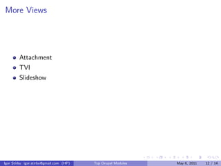 More Views




        Attachment
        TVI
        Slideshow




                                                              .   .   .     .      .    .

Igor Știrbu igor.stirbu@gmail.com (HP)   Top Drupal Modules               May 6, 2011   12 / 14
 