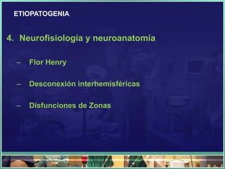 ETIOPATOGENIA


4. Neurofisiología y neuroanatomía

  –   Flor Henry

  –   Desconexión interhemisféricas

  –   Disfunciones de Zonas
 