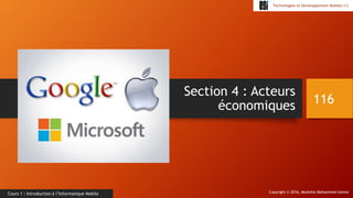 Copyright © 2016, Mostefai Mohammed Amine
Technologies et Développement Mobiles (1)
Cours 1 : Introduction à l’Informatique Mobile
Section 4 : Acteurs
économiques 116
 