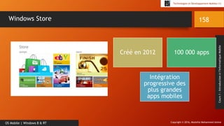 Copyright © 2016, Mostefai Mohammed Amine
Technologies et Développement Mobiles (1)
Cours1:Introductionàl’InformatiqueMobile
158
OS Mobile | Windows 8 & RT
Windows Store
Créé en 2012 100 000 apps
Intégration
progressive des
plus grandes
apps mobiles
 