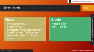 Copyright © 2016, Mostefai Mohammed Amine
Technologies et Développement Mobiles (1)
Cours1:Introductionàl’InformatiqueMobile
175
Les écrans| Types
Écrans Retina
Retina
• Portée par Apple
• Basée sur IPS
• Les pixels ne peuvent pas être
identifiés par l’œil humain
• Densité de pixels + 163 par
pouce
Modèle
• iPhone 4 et +
• New iPad et +
 