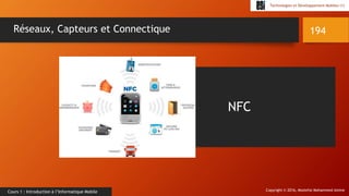 Copyright © 2016, Mostefai Mohammed Amine
Technologies et Développement Mobiles (1)
Cours 1 : Introduction à l’Informatique Mobile
194Réseaux, Capteurs et Connectique
NFC
 