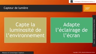 Copyright © 2016, Mostefai Mohammed Amine
Technologies et Développement Mobiles (1)
Cours1:Introductionàl’InformatiqueMobile
207
Réseaux et Connectique| Capteurs
Capteur de lumière
Capte la
luminosité de
l’environnement
Adapte
l’éclairage de
l’écran
 