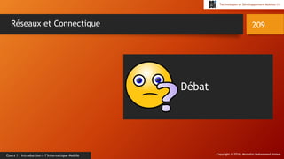 Copyright © 2016, Mostefai Mohammed Amine
Technologies et Développement Mobiles (1)
Cours 1 : Introduction à l’Informatique Mobile
209Réseaux et Connectique
Débat
 