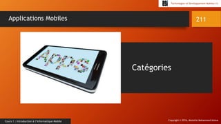 Copyright © 2016, Mostefai Mohammed Amine
Technologies et Développement Mobiles (1)
Cours 1 : Introduction à l’Informatique Mobile
211Applications Mobiles
Catégories
 